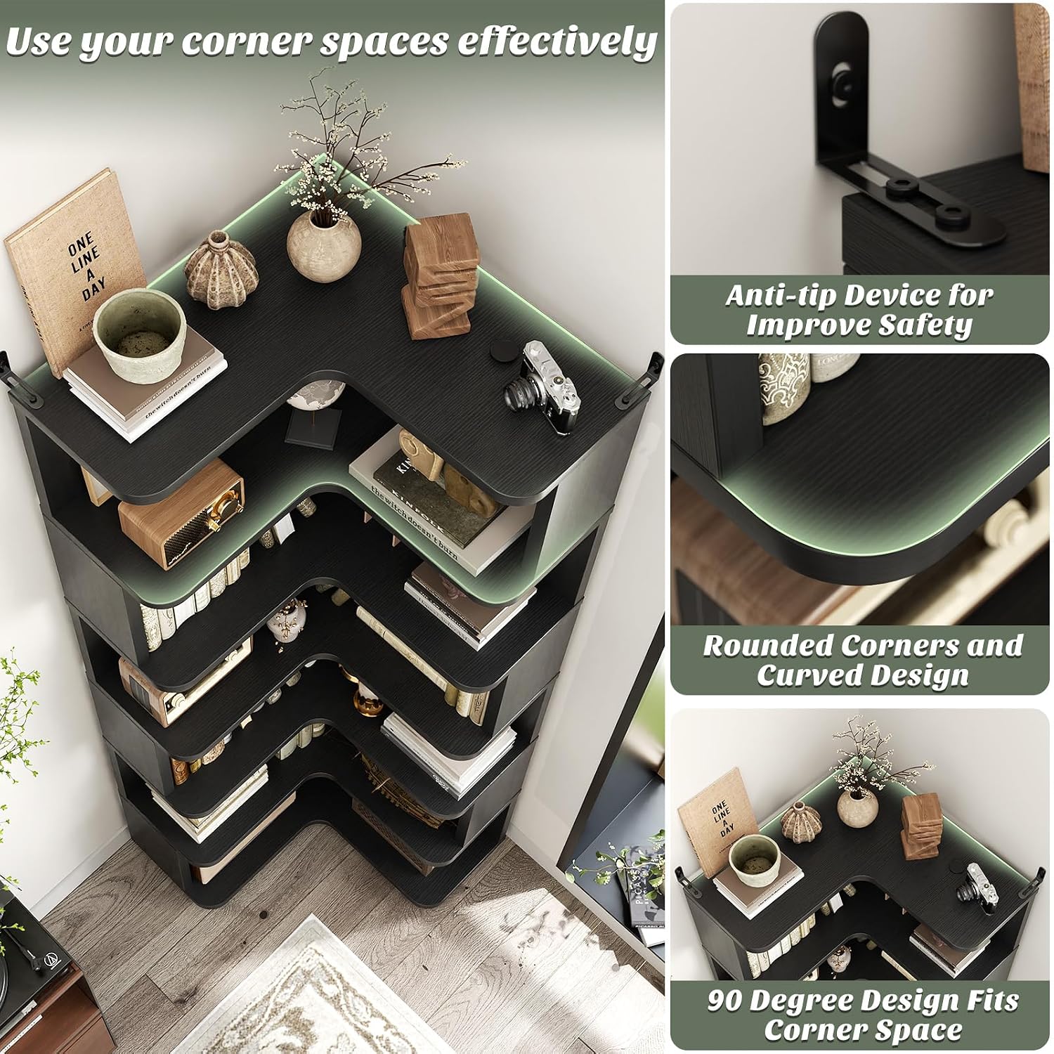Armocity Corner Book Shelf - 7 Tier Corner Bookshelf Etagere Bookcase with Baffle, Freestanding L Shaped Display Shelf Stand for Home Office, Living Room, Bedroom, Kitchen, Black
