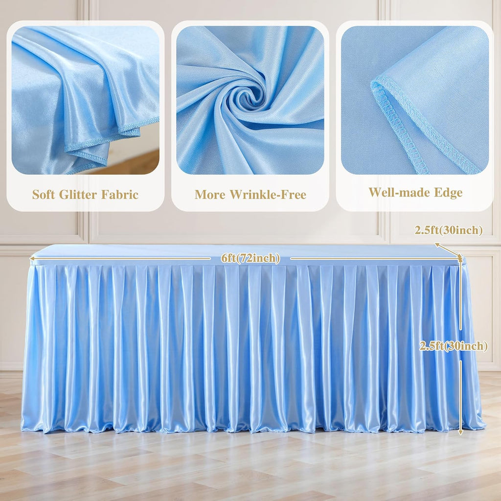 4 Pack 6FT Blue Satin Tablecloths for Rectangle Tables - Shiny Spandex Party Table Cover with Pleated Table Skirt, No-Wrinkle & Glossy Wedding Tablecloth One-Piece for Birthday Baby Shower Banquet