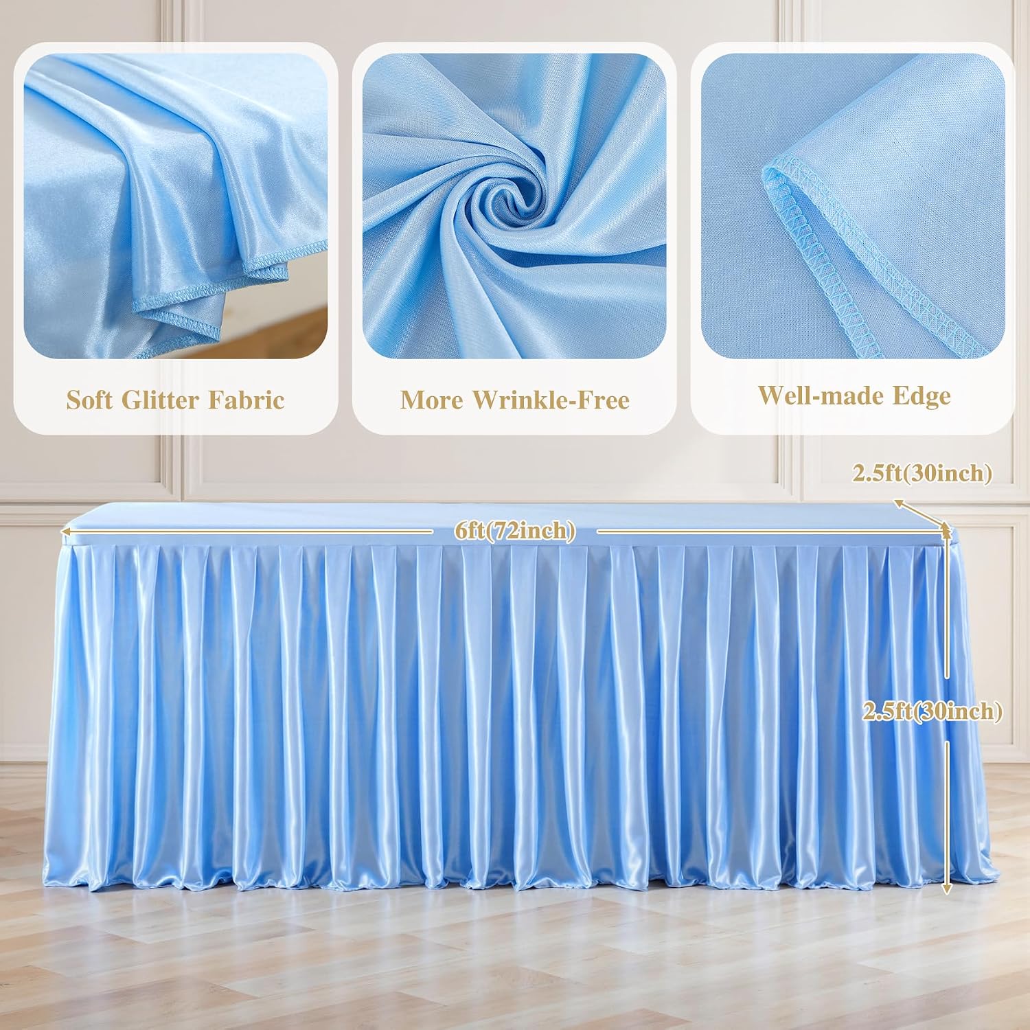 6 Pack 6FT Blue Satin Tablecloths for Rectangle Tables - Shiny Spandex Party Table Cover with Pleated Table Skirt, No-Wrinkle & Glossy Wedding Tablecloth One-Piece for Birthday Baby Shower Banquet