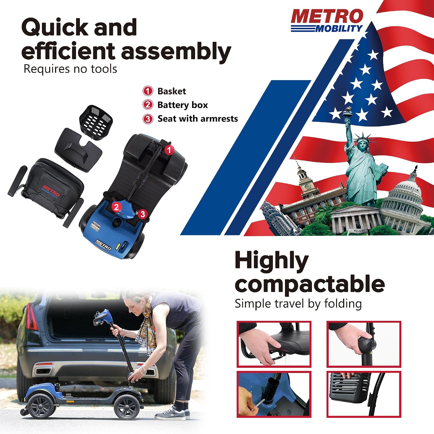 Folding Mobility Scooter for Seniors 4 Wheel Scooter for Adults Electric Medical Scooter Compact for Travel - Electric Powered Wheelchair Device - Compact Heavy Duty Mobile(M1 Lite Blue)