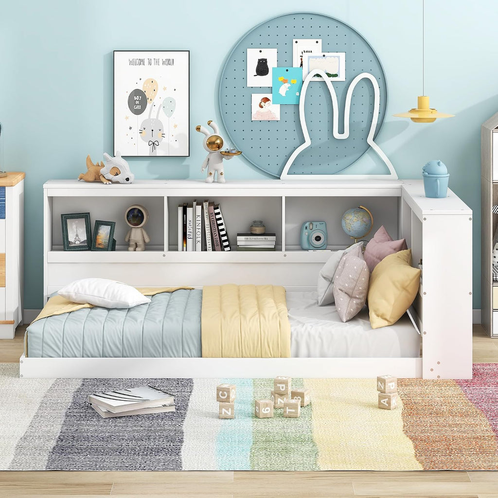 Harper & Bright Designs Twin Size Daybed, Wood Twin Bed Frame with L-Shaped Bookcases and USB Ports,Floor Sofa Bed for Kids Room, Bedroom, Living Room,White