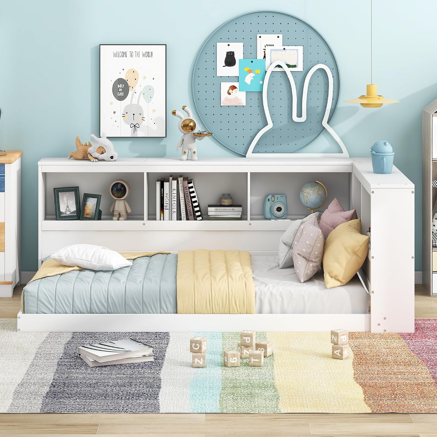Harper & Bright Designs Twin Size Daybed, Wood Twin Bed Frame with L-Shaped Bookcases and USB Ports,Floor Sofa Bed for Kids Room, Bedroom, Living Room,White