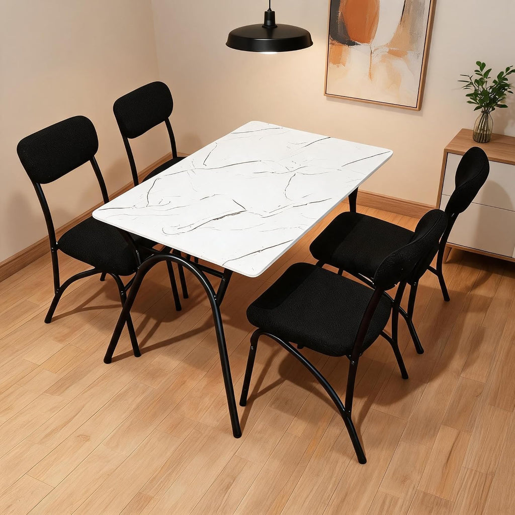 5-Piece Dining Table Set for 4, Modern Kitchen Table with 4 Boucle Chairs, Rectangular Dining Table with Storage Shelf & Marble Tabletop, Beige Home Dining Furniture for Small Space, Black+Beige