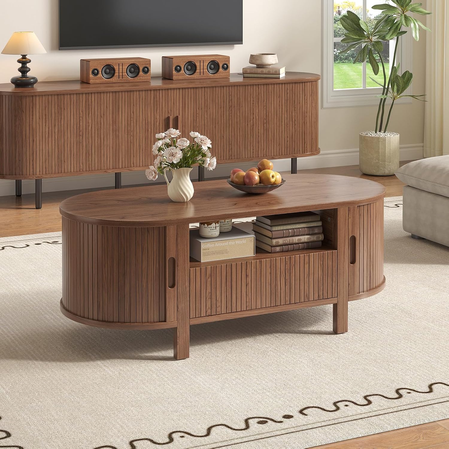 47.2' Fluted Coffee Table, Oval Coffee Table with 1 Drawer and 1 Open Shelf, Mid-Century Modern Center Tables with Storage and Sliding Doors, Coffee Tables for Living Room, Walnut