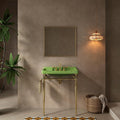 28' Bathroom Console Sink, Wall-Mounted White Ceramic Vanity Basin with 3 Pre-drilled Faucet Holes, Freestanding Gold Stainless Steel Support Legs with Towel Bar, No Faucet - Rome, Green