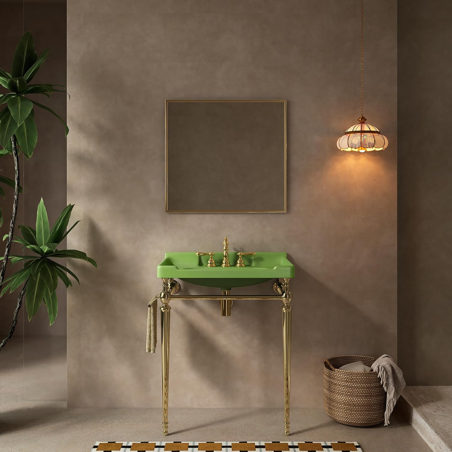 28' Bathroom Console Sink, Wall-Mounted White Ceramic Vanity Basin with 3 Pre-drilled Faucet Holes, Freestanding Gold Stainless Steel Support Legs with Towel Bar, No Faucet - Rome, Green