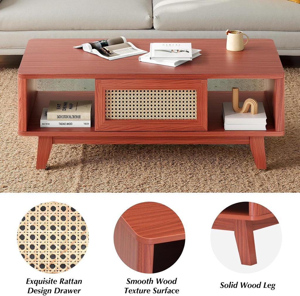 Farini Mid Century Modern Square Coffee Table with Rattan Drawer and Solid Wood Legs, Storage Living Room Table for Home,Office,Cherry