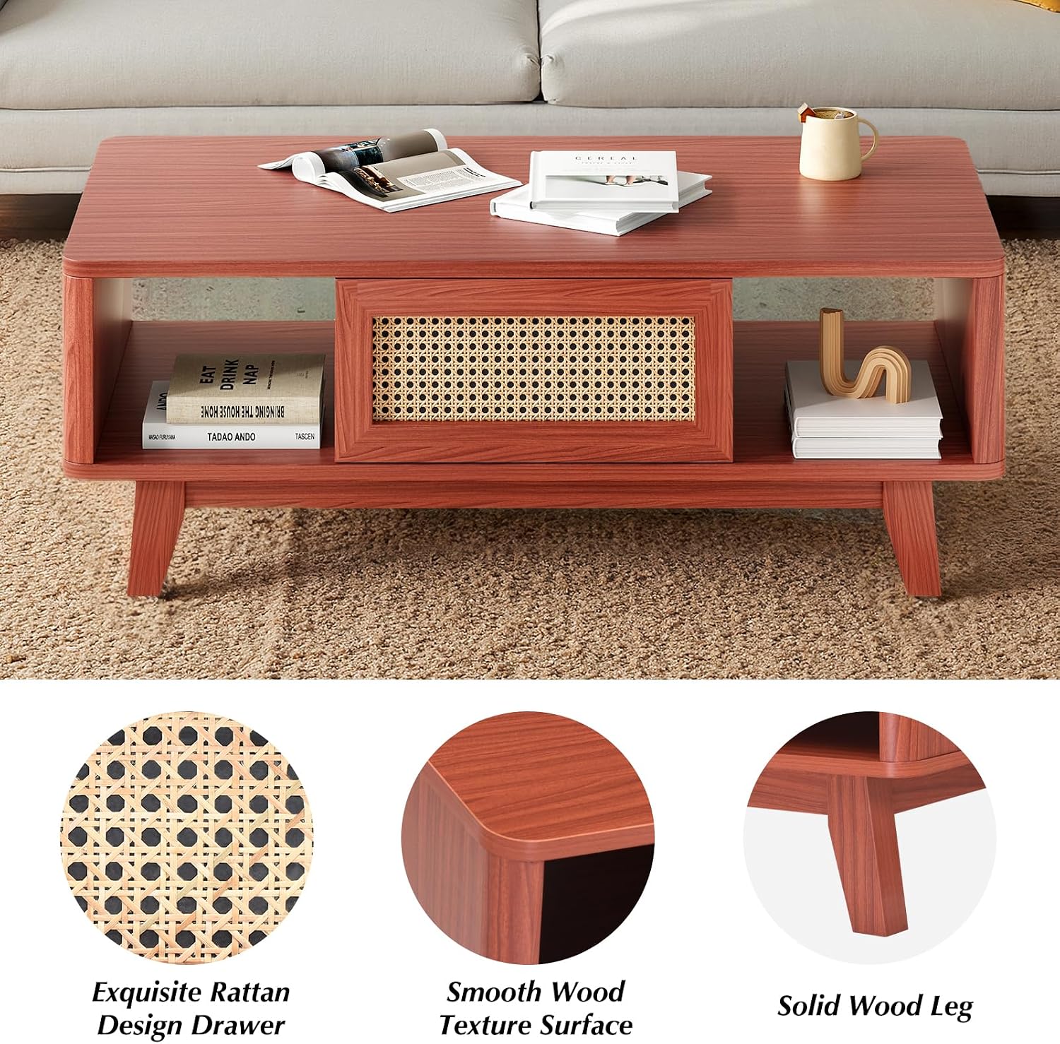 Farini Mid Century Modern Square Coffee Table with Rattan Drawer and Solid Wood Legs, Storage Living Room Table for Home,Office,Cherry
