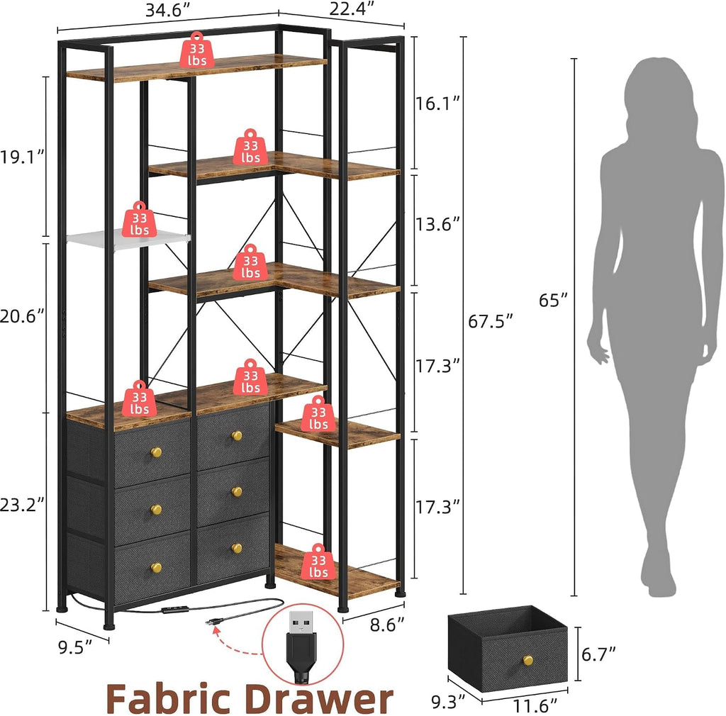 AFLUI Corner Bookshelf with LED Lights & 6 Fabric Drawers, 5-Tier Industrial L-Shaped Bookcase with Acrylic Display Shelf for Living Room, Office