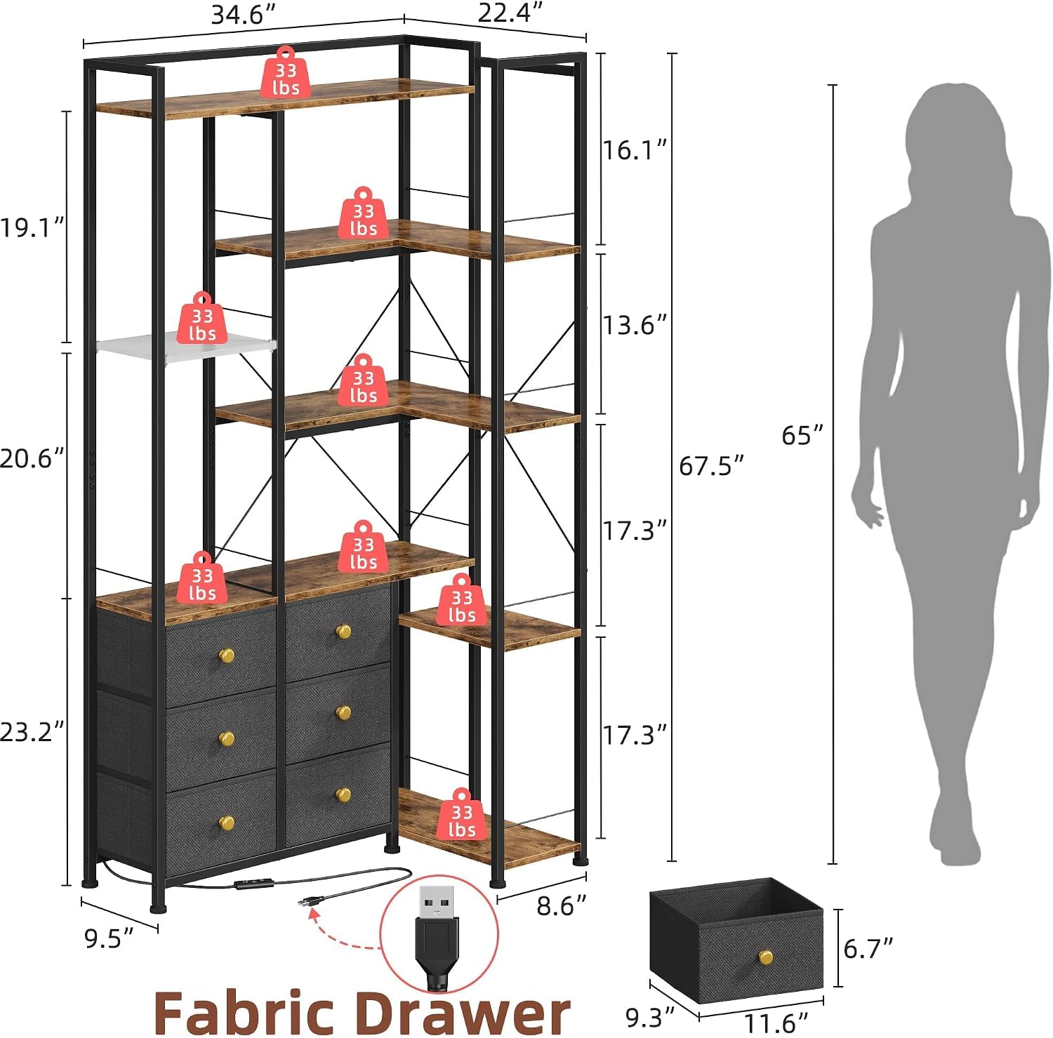 AFLUI Corner Bookshelf with LED Lights & 6 Fabric Drawers, 5-Tier Industrial L-Shaped Bookcase with Acrylic Display Shelf for Living Room, Office