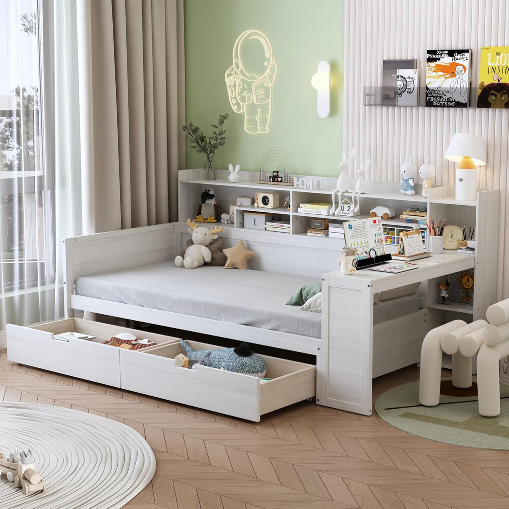Twin Corner Bed Frame with Storage Shelves, L Shaped Bed with 2 Storage Drawers, Wooden Daybed with Study Desk, Corner Bed Frame Twin for Bedroom, for Kids and Teens, Antique White