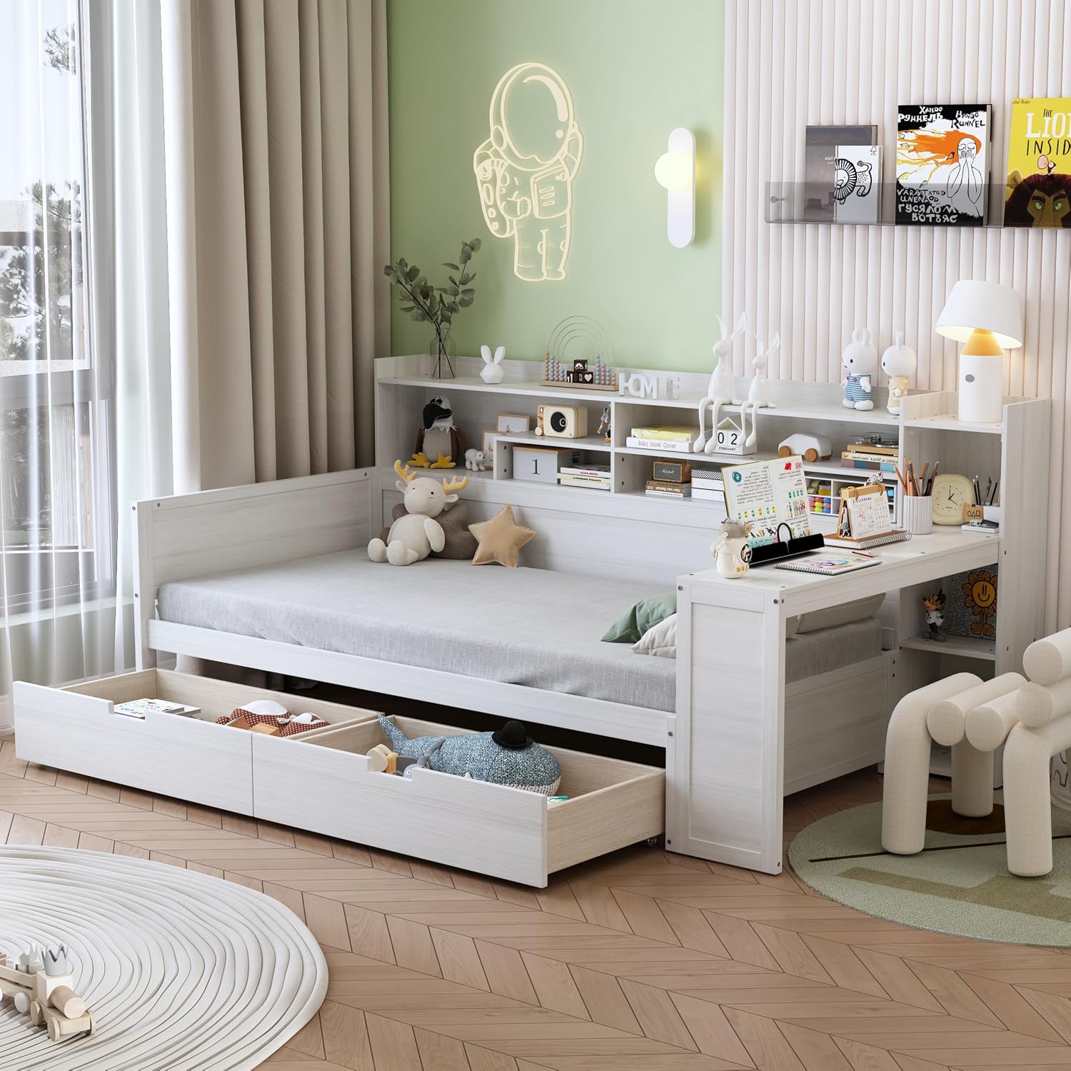 Twin Corner Bed Frame with Storage Shelves, L Shaped Bed with 2 Storage Drawers, Wooden Daybed with Study Desk, Corner Bed Frame Twin for Bedroom, for Kids and Teens, Antique White