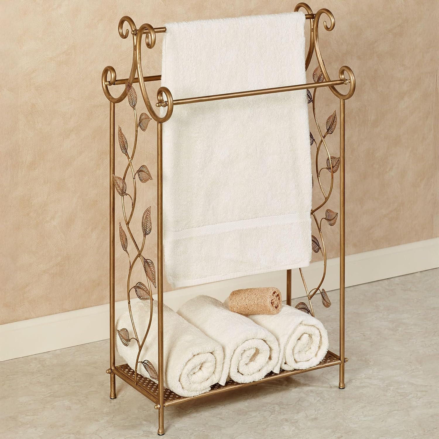 Touch of Class Eden Towel Rack Stand, Champagne Bronze | Metal, Freestanding Bathroom Towel Holder, Three Bar Storage, Nature Inspired Leaf Design, Powder Coated