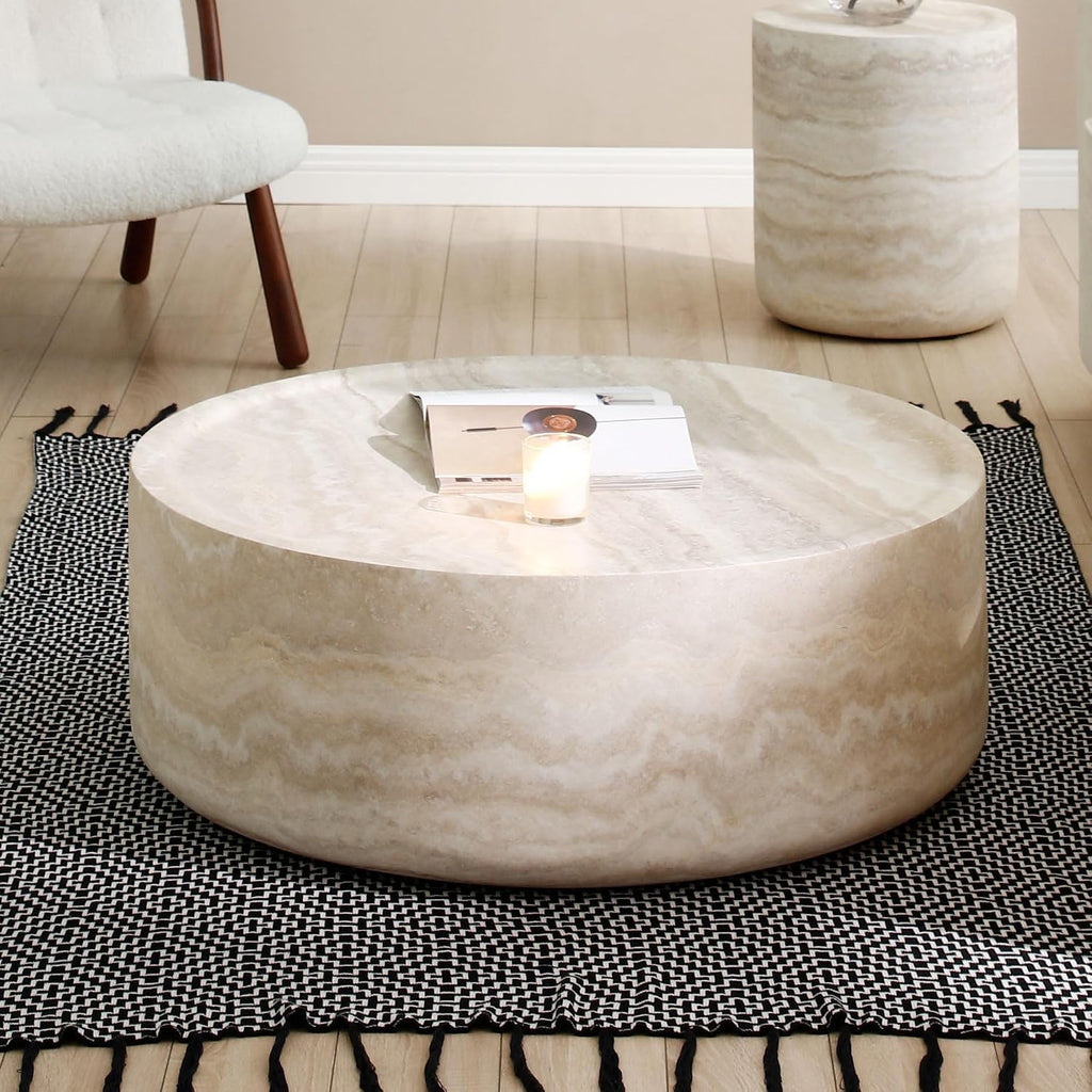 35.43' Marble Travertine Round Drum Coffee Table for Living Room, Modern Circle Center Side Table End Table for Living Room, Apartment, Office, No Need Assembly, Marble Stone Shape
