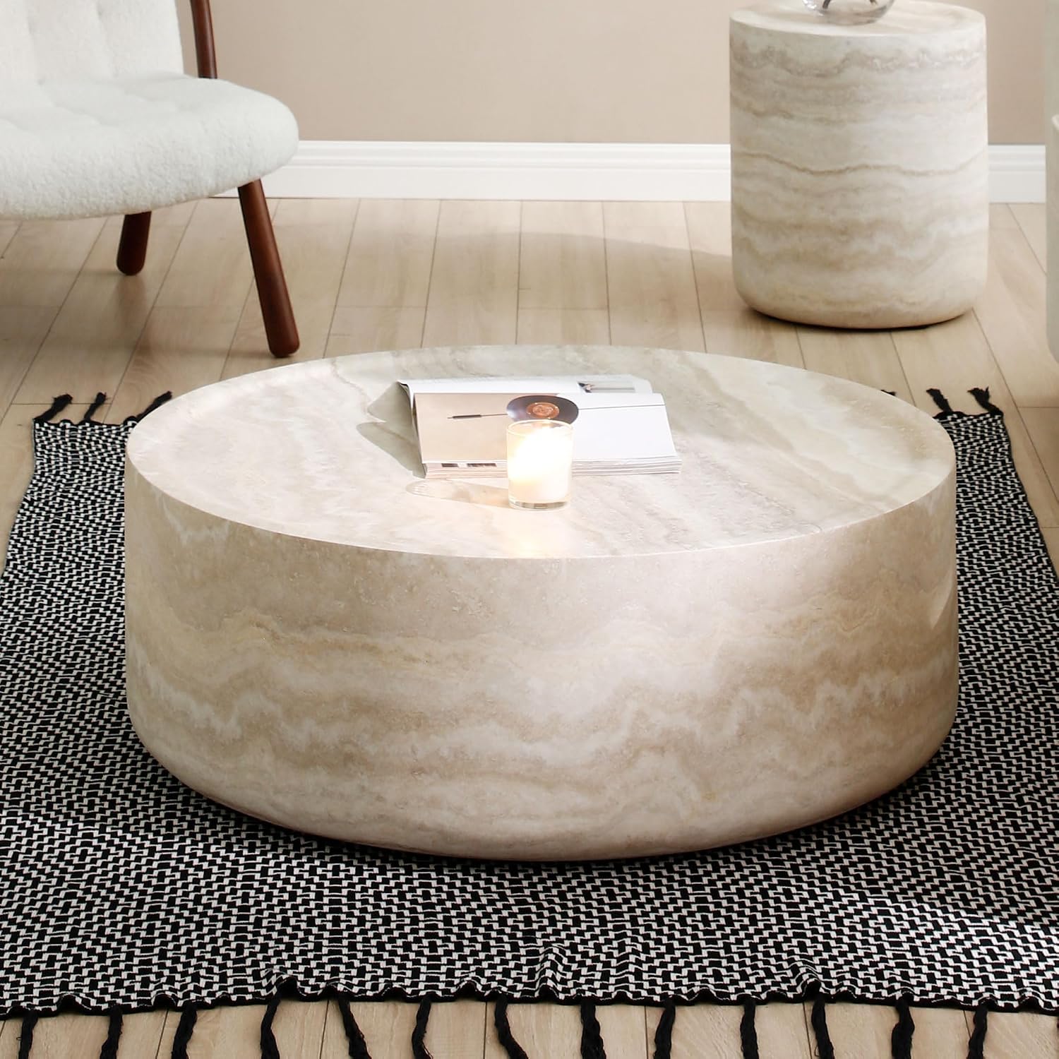35.43' Marble Travertine Round Drum Coffee Table for Living Room, Modern Circle Center Side Table End Table for Living Room, Apartment, Office, No Need Assembly, Marble Stone Shape