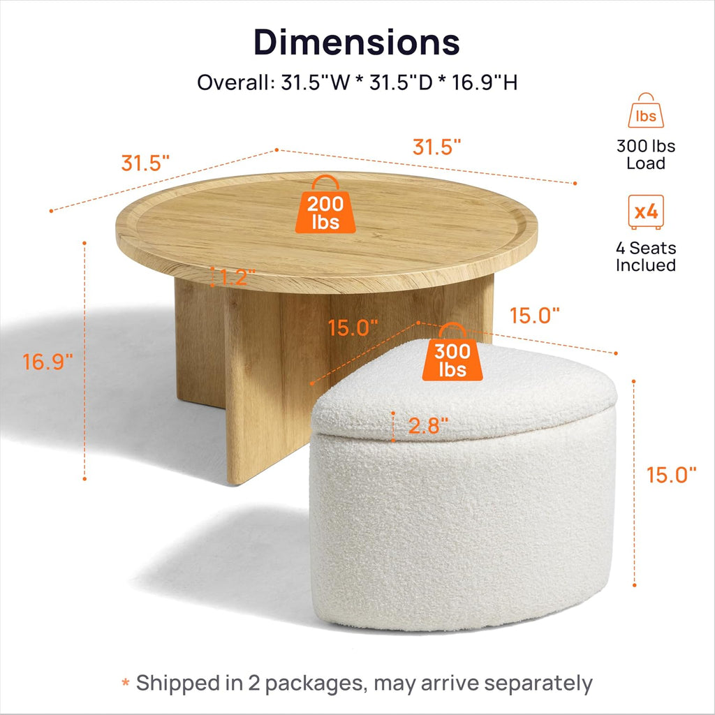 Square Coffee Table with Stools Underneath, Wood Ottoman Coffee Tables with 4 Boucle Storage Ottomans & Seats, Mid-Century Modern Coffee Table with Chairs for Living Room, Small Space, Natural&White