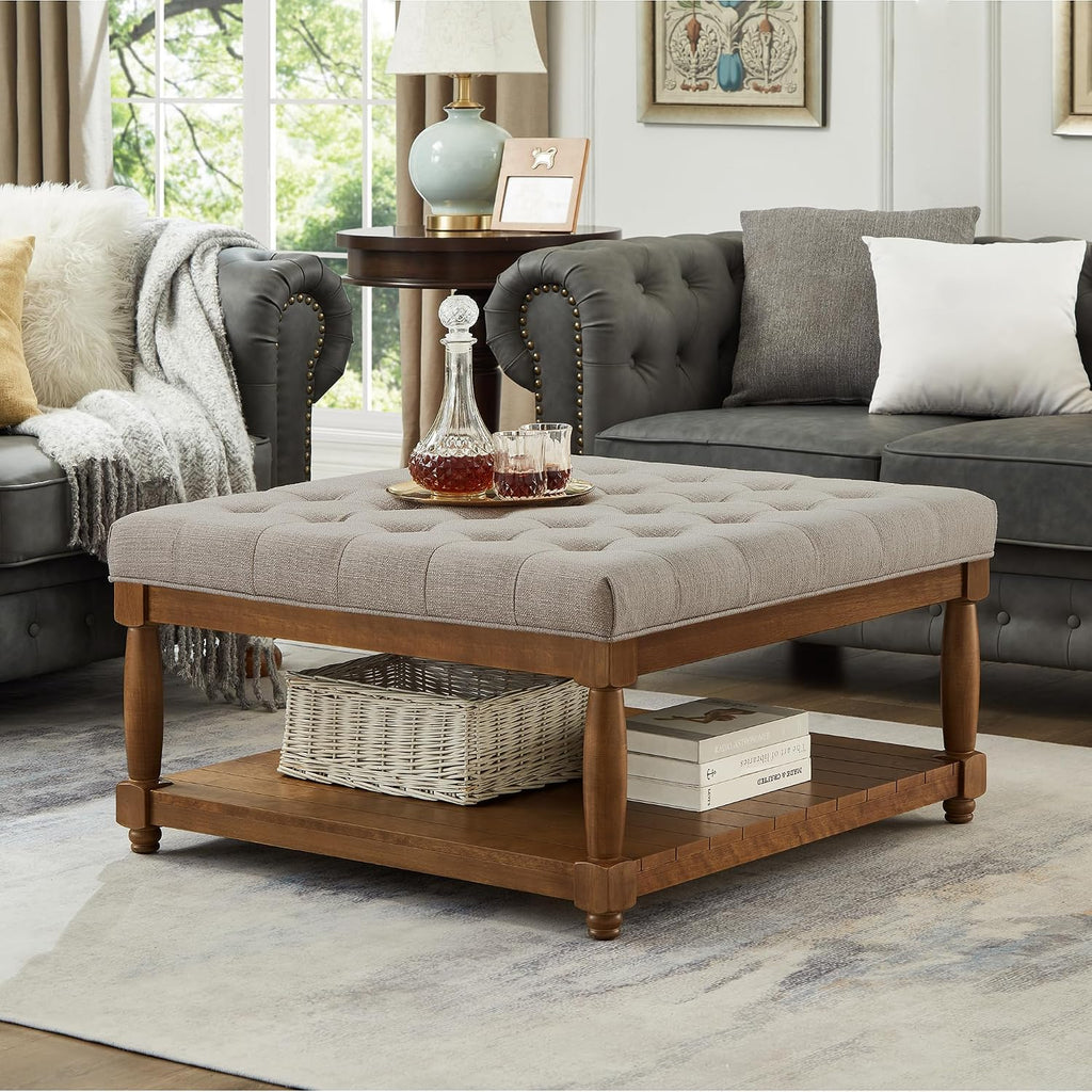 Ottoman Coffee Table, Upholstered Square Coffee Table with Storage Solid Wood Shelf, Linen Large Footrest Ottoman Pouf for Living Room, Linen
