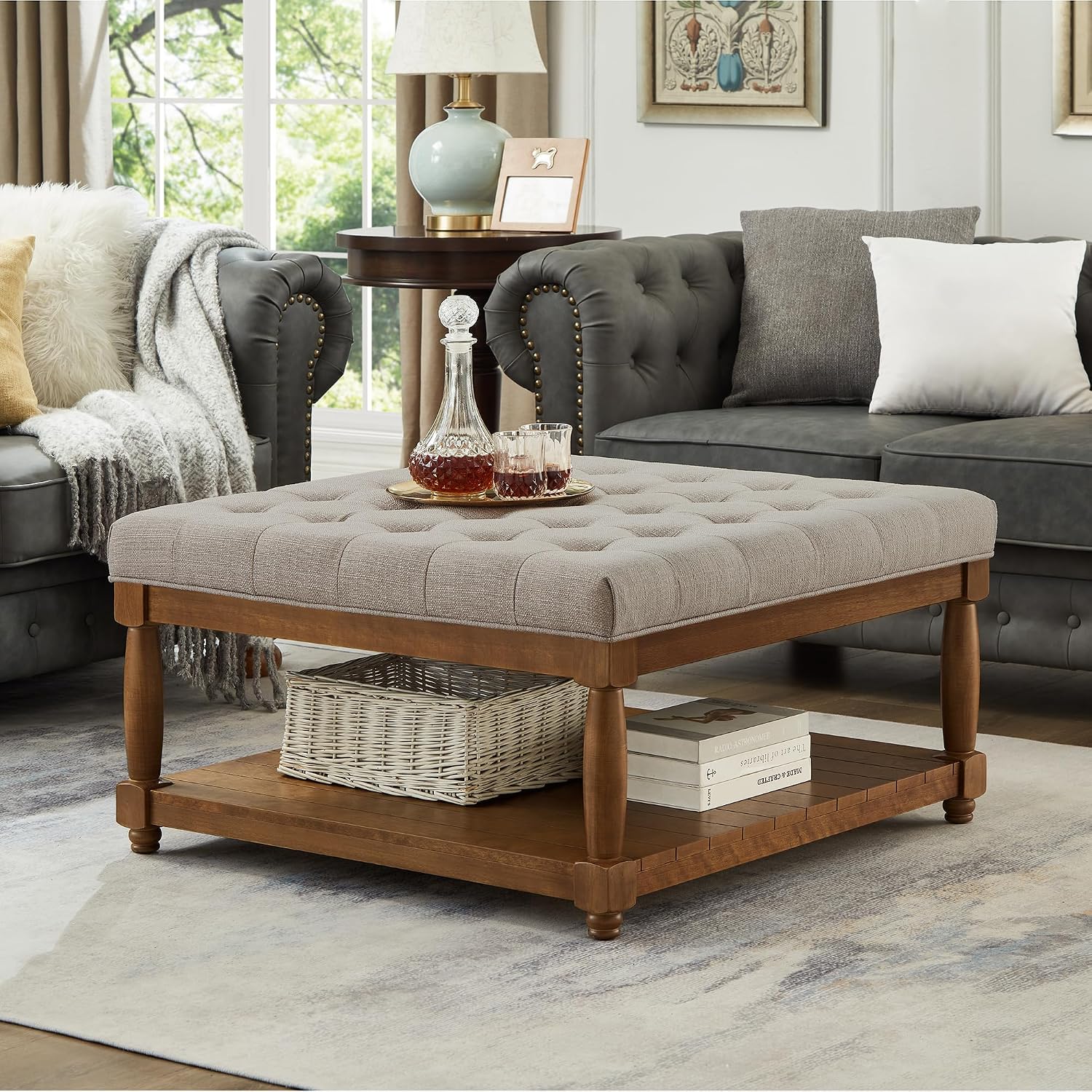 Ottoman Coffee Table, Upholstered Square Coffee Table with Storage Solid Wood Shelf, Linen Large Footrest Ottoman Pouf for Living Room, Linen
