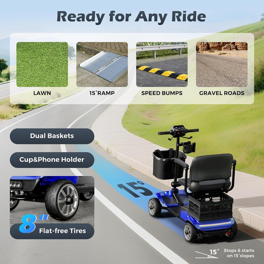 Mobility Scooter for Adults & Seniors with Removable Battery, Cruise & Airport Approved, Foldable Motorized Scooters with Dual Basket, Phone & Cup Holder, Blue