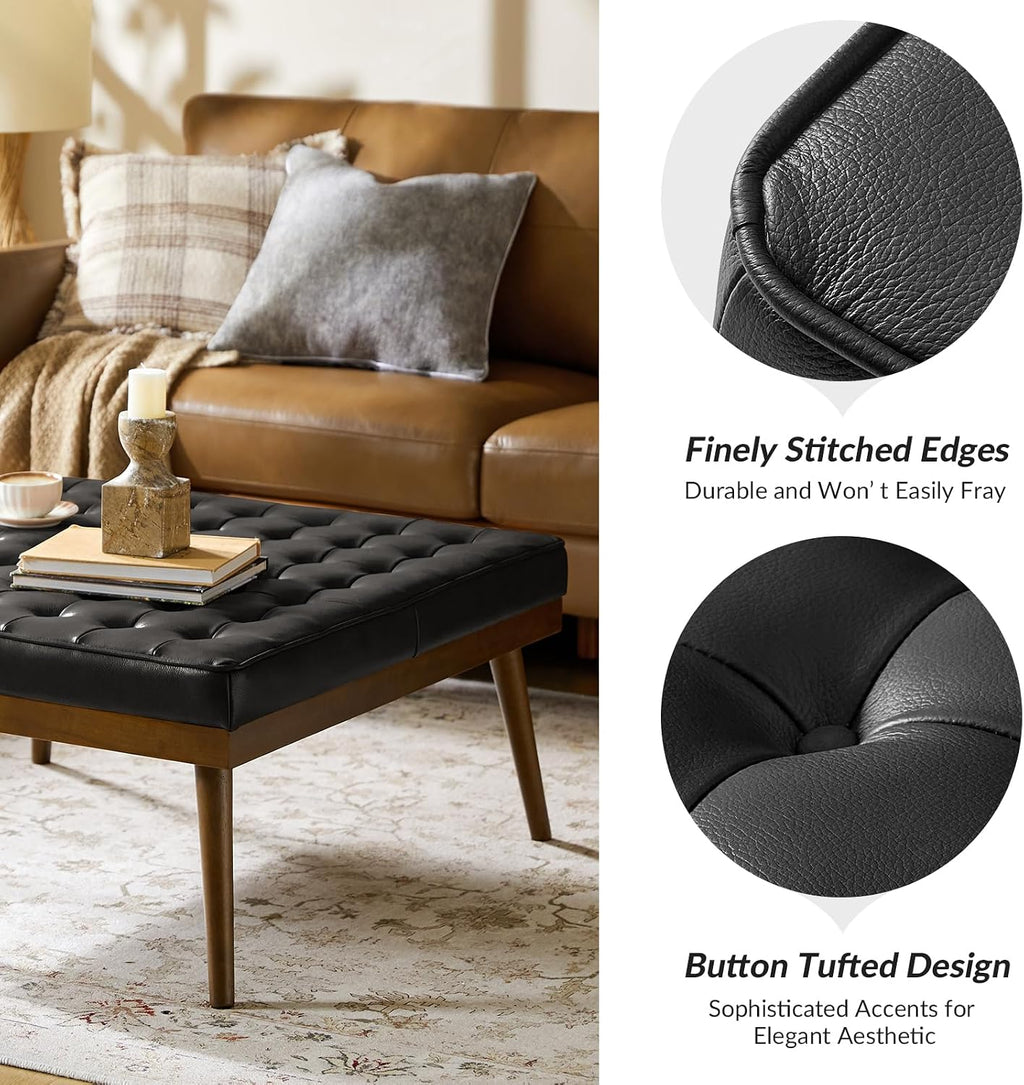 HULALA HOME Genuine Leather Square Coffee Table, Button Tufted Upholstered Ottoman Coffee Table with Solid Wooden Flared Legs, Mid-Century Modern Extra Seating for Living Room, Black