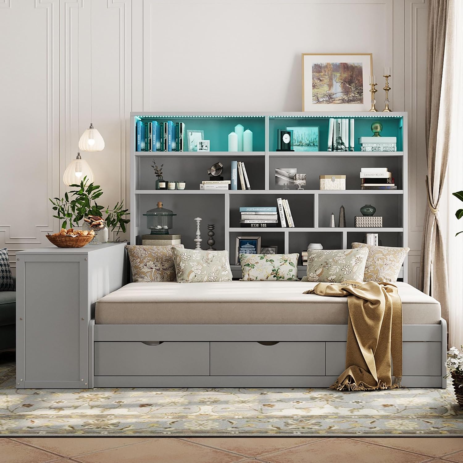 LUMISOL Full Size Corner Daybed with Storage Drawers, Built-in Desk with USB Ports & Shelves, Wooden Sofa Bed with LED Bookcase for Bedroom Living Room, Grey