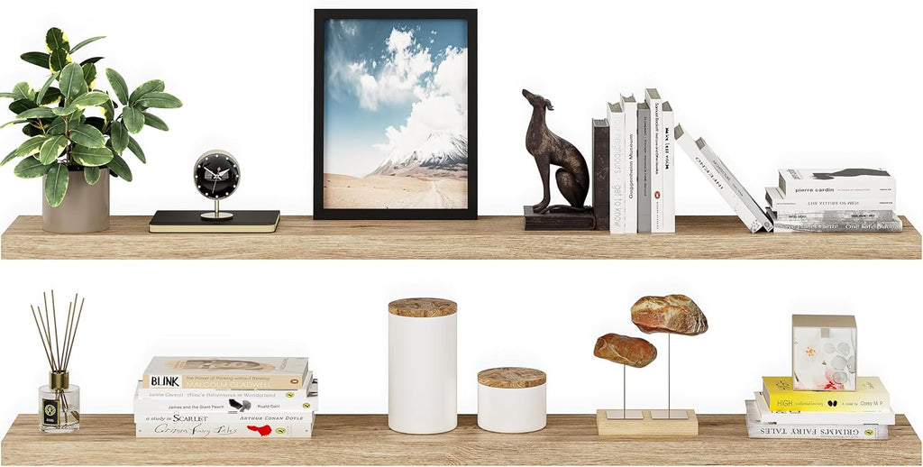 Ballucci Floating Shelves for Wall, 60' Wood Wall Shelf Set of 2, with Invisible Brackets for Bathroom, Living Room, Bedroom, Kitchen, Nursery, 8' Deep, Oak Finish