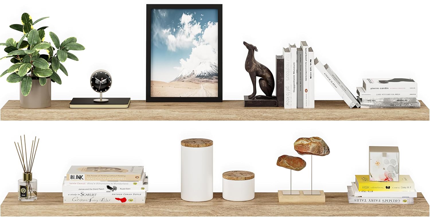 Ballucci Floating Shelves for Wall, 60' Wood Wall Shelf Set of 2, with Invisible Brackets for Bathroom, Living Room, Bedroom, Kitchen, Nursery, 8' Deep, Oak Finish