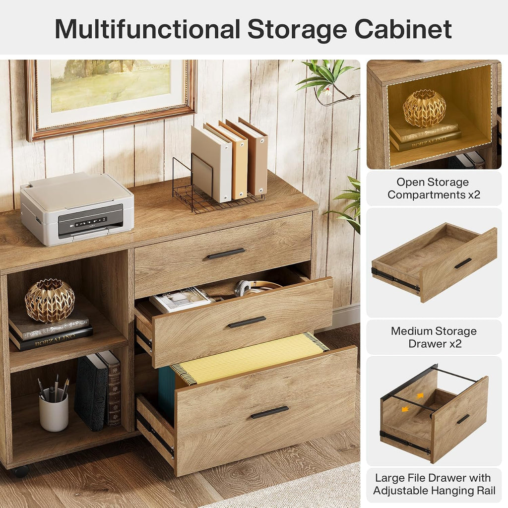 Tribesigns 63' L Shaped Desk with Storage, Executive Office Desk with Rolling File Cabinet Combo, Large Computer Table with Drawers and Shelves, Business Furniture Set for Home Office, Brown