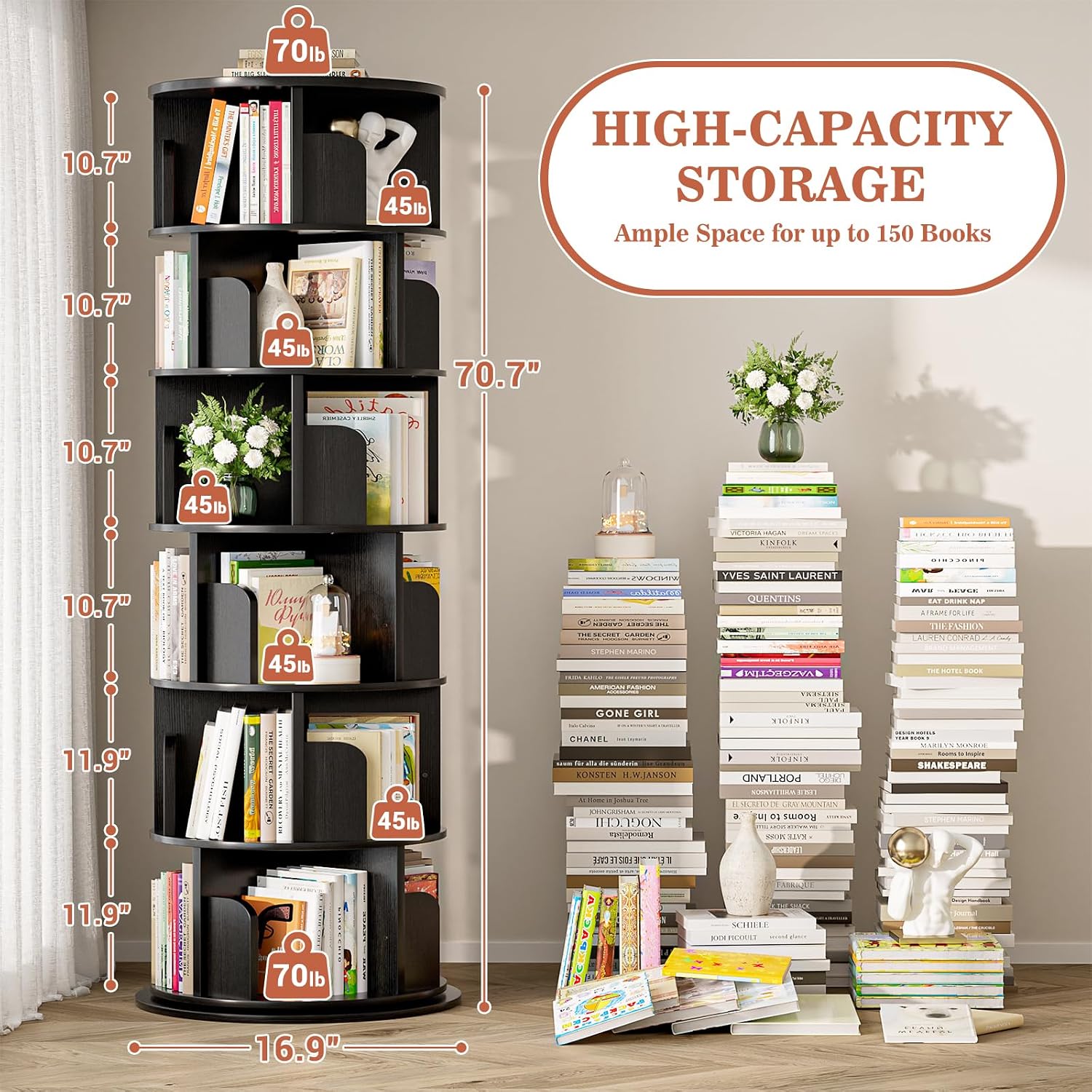 Aheaplus 6 Tier Rotating Bookshelf, Wood Spinning Bookshelf Tower, Round Revolving 360 Bookcase, Narrow Turning Book Shelf Rolling Corner Organizer for Small Space, Bedroom, Office, Black