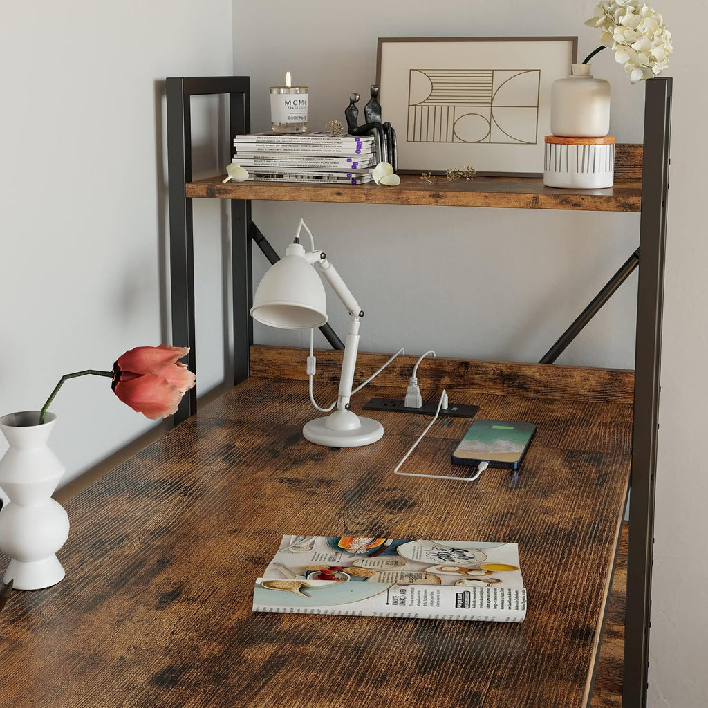IRONCK Computer Desk 55' with Power Outlet and Storage Shelves, Study Writing Table with USB Ports Charging Station, PC Desk Workstation for Home Office, Rustic Brown