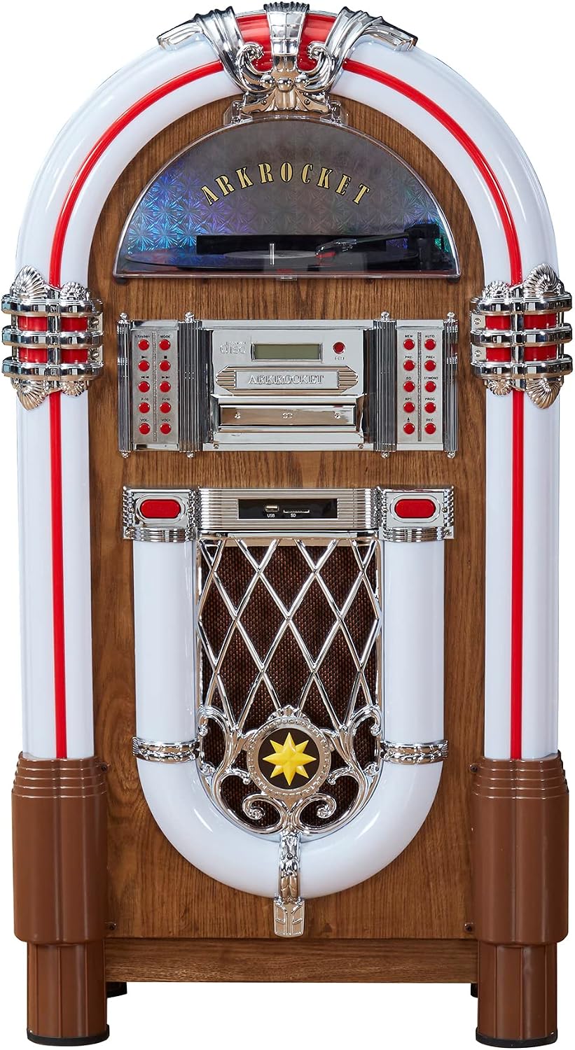 Arkrocket Full Size Jukebox Vinyl Record Player Bluetooth USB SD CD Player Radio Retro Turntable Classic Jukebox (Taurus II - Oak)