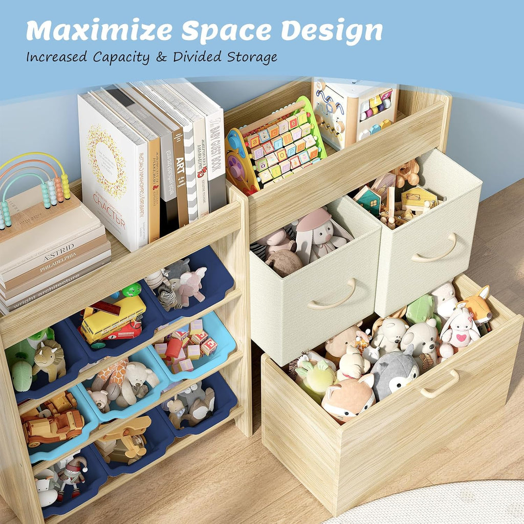 EXPERLAM Toy Storage Organizer for Kids, 9-Bin Toy Organizer with 2-Drawers,Movable Toy Chest and Top Rack, Kids Bookshelf and Toy Storage for Playroom, Bedroom, Nursery, Blue