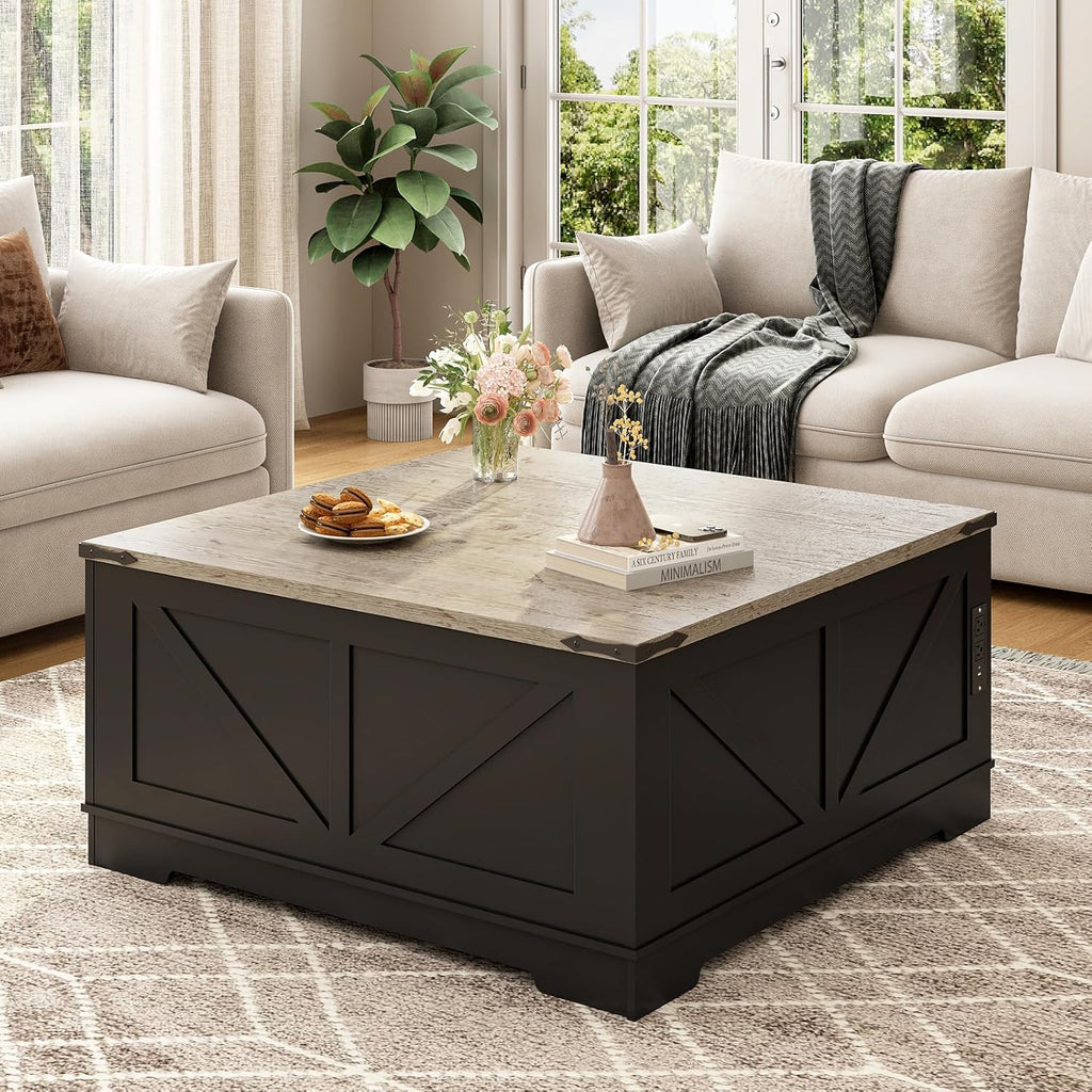 EAG 40' Large Farmhouse Lift Top Coffee Table with Hidden Compartment & Power Outlets, Square Wooden Coffee Table with Multi-Function Flip-Top Ample Storage Center Table for Living Room, Black