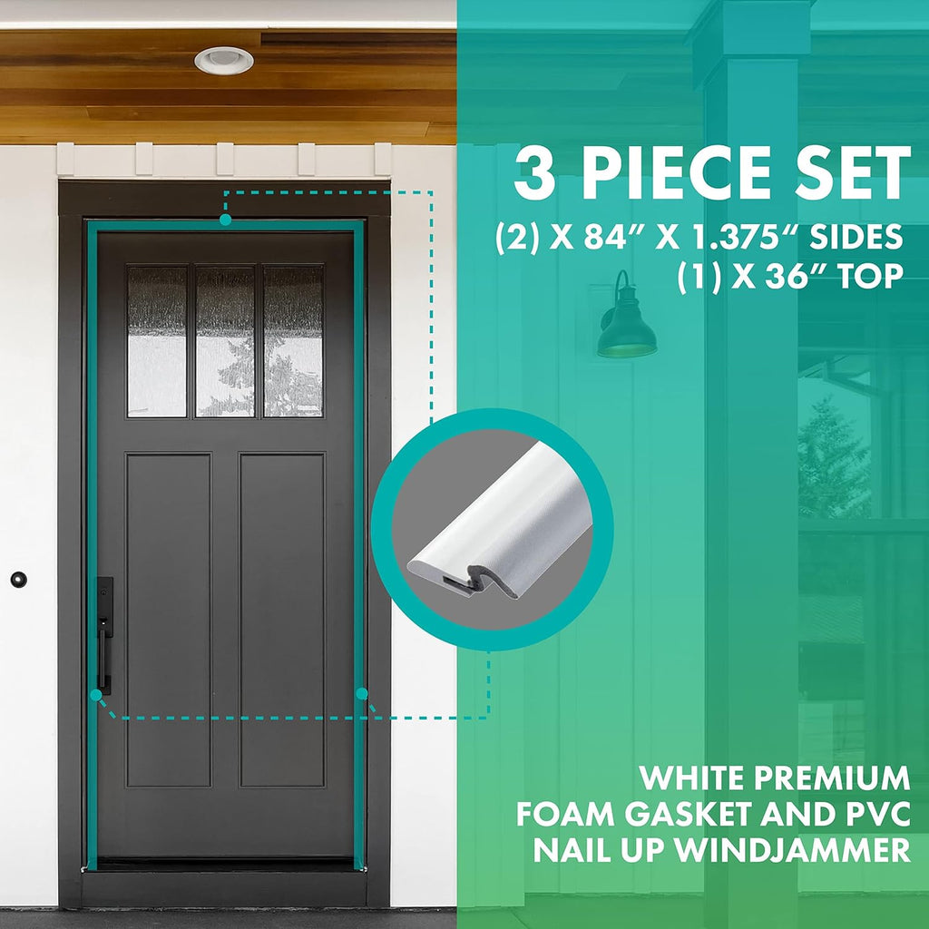 Simply Conserve Windjammer Nail-Up Set Door Weatherstripping with PVC Carrier and Foam Gasket in White DS060N-W | Paintable Door Draft Stopper for Sides and Top | Foam Weather Stripping Door Seal