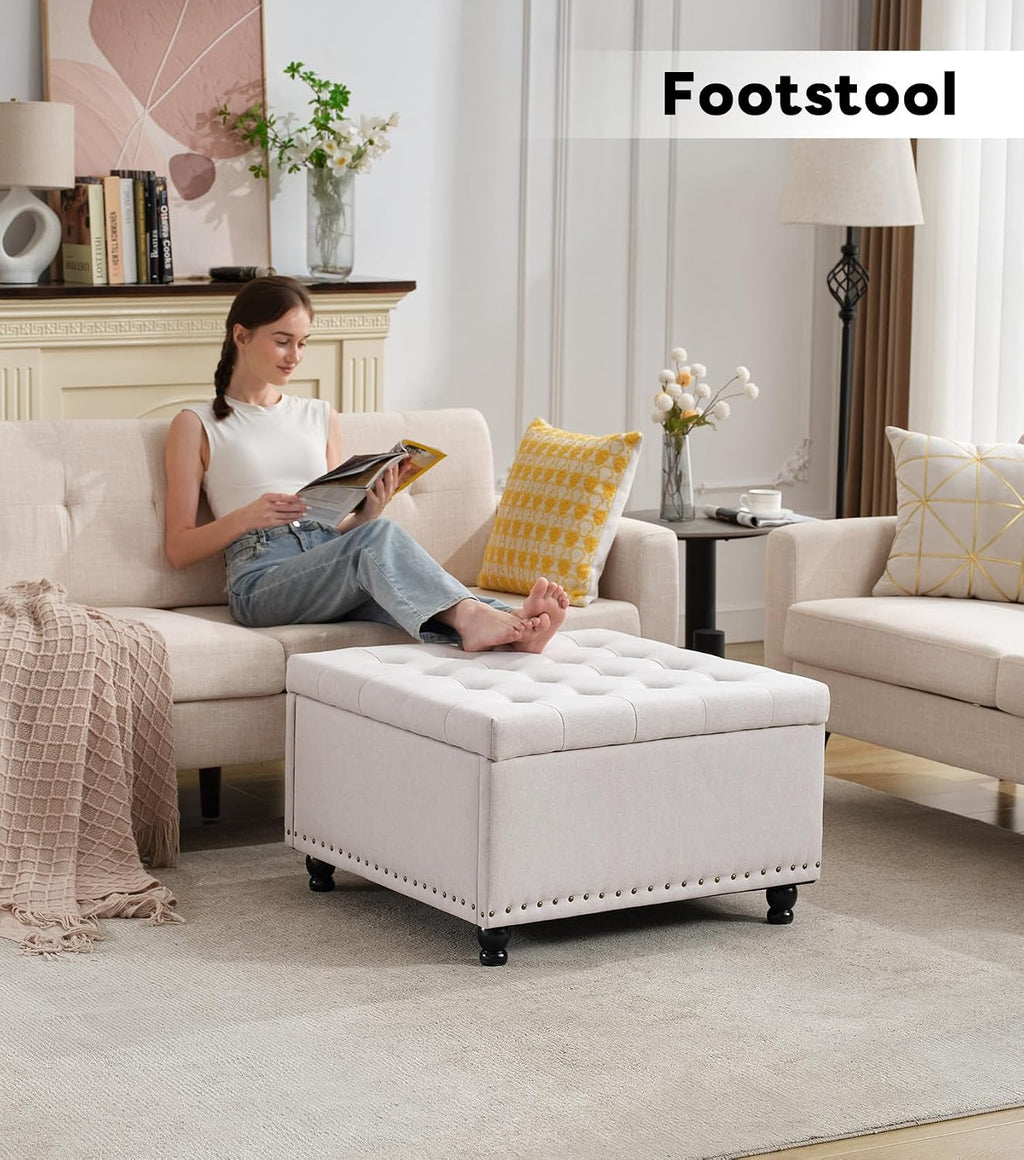 Tbfit 30' Large Square Ottoman Coffee Table with Storage, Oversized Tufted Upholstered Ottomans Bench with Solid Wood Legs for Living Room, Dorm, Linen Foot Stool for Couch Sofa Toy Box, Beige
