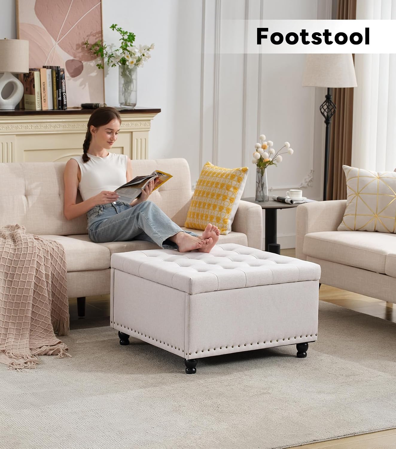 Tbfit 30' Large Square Ottoman Coffee Table with Storage, Oversized Tufted Upholstered Ottomans Bench with Solid Wood Legs for Living Room, Dorm, Linen Foot Stool for Couch Sofa Toy Box, Beige