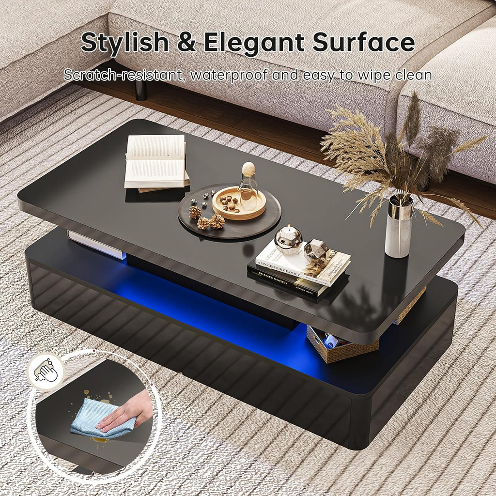 40' Modern Living Room Tables, LED Coffee Table with LED Lights, 2 Tier Rectangular Center Table with Large Storage, High Glossy Surface, Tea Table for Living Room, Black