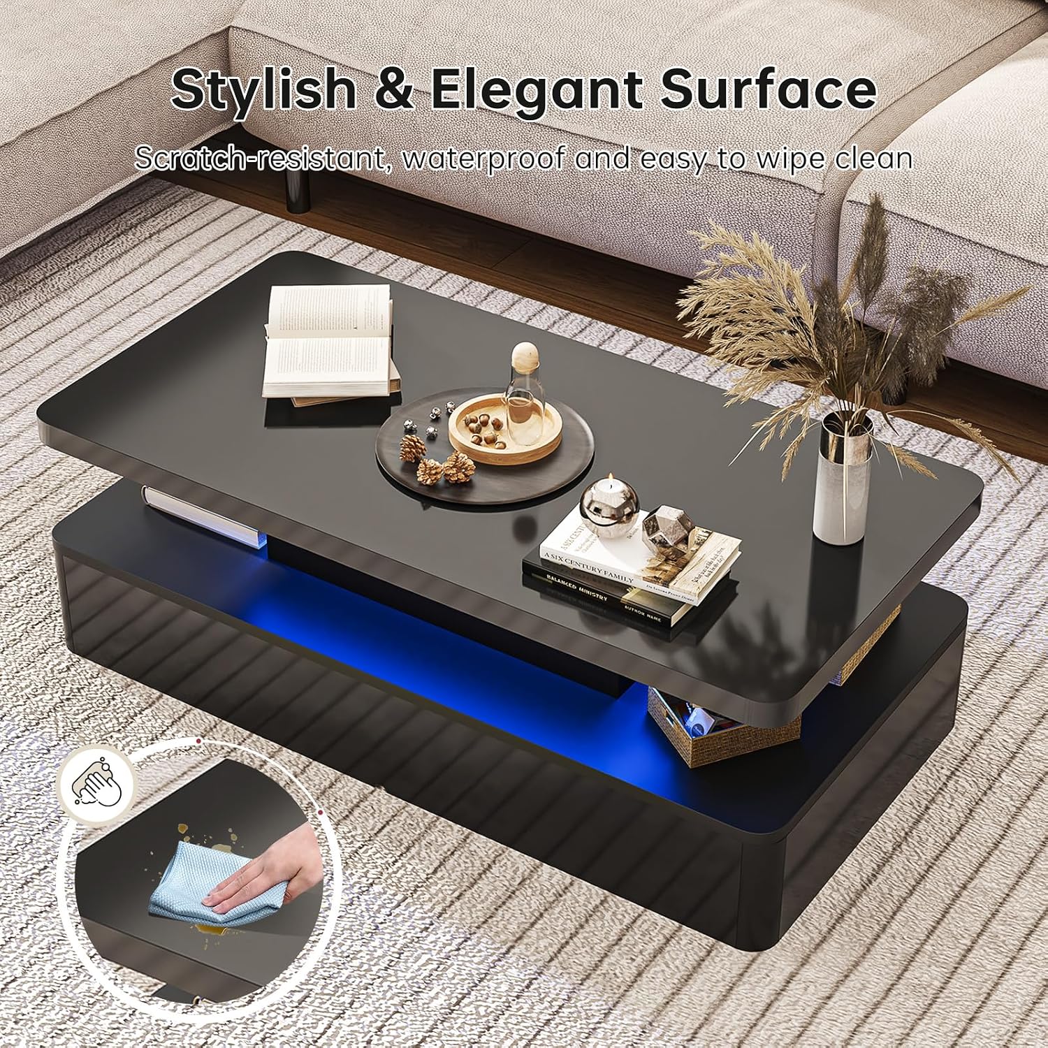 40' Modern Living Room Tables, LED Coffee Table with LED Lights, 2 Tier Rectangular Center Table with Large Storage, High Glossy Surface, Tea Table for Living Room, Black
