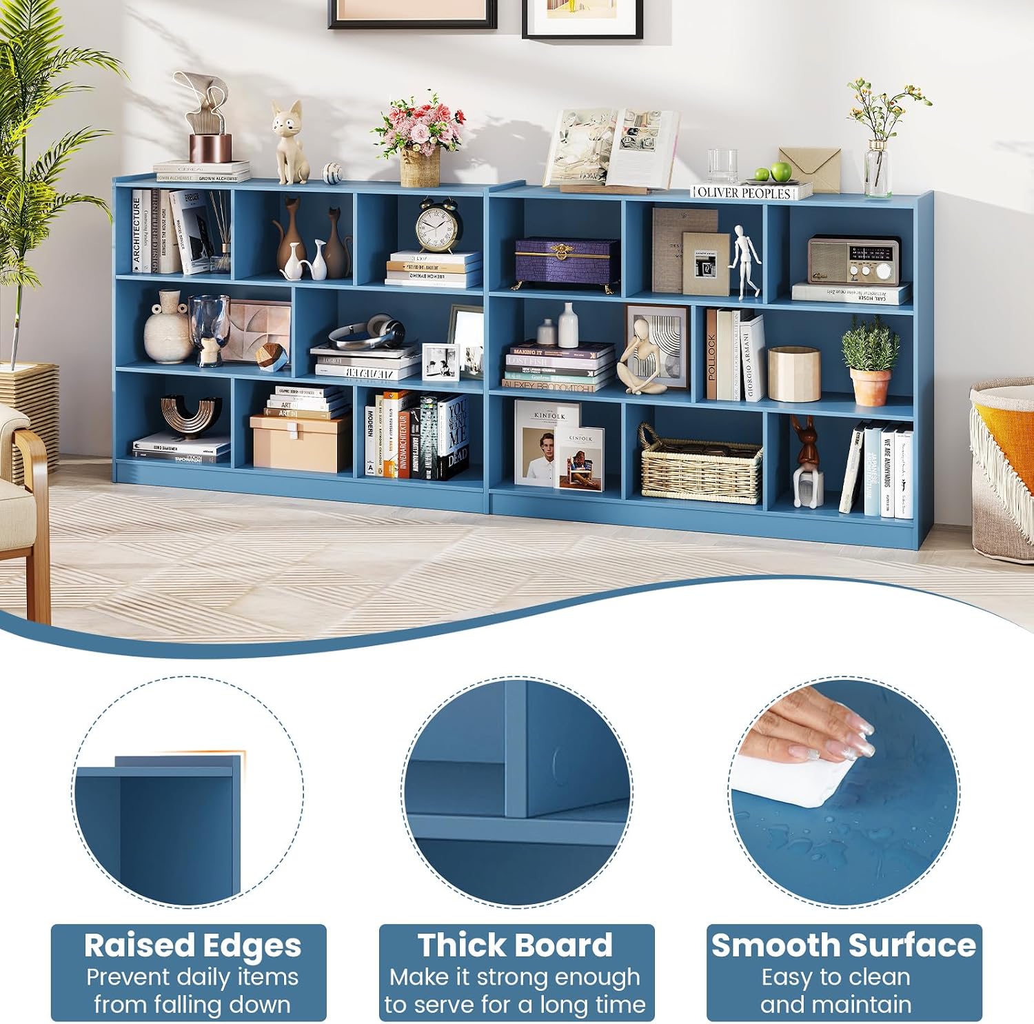 KOTEK Toy Storage Organizer, 5 Cubby Kids Bookshelf, Wooden 3-Tier Bookcase Storage Cabinet, Open Display Book Shelf for Daycare, Nursery, School Classroom, Living Room (Blue, 8 Cubes)