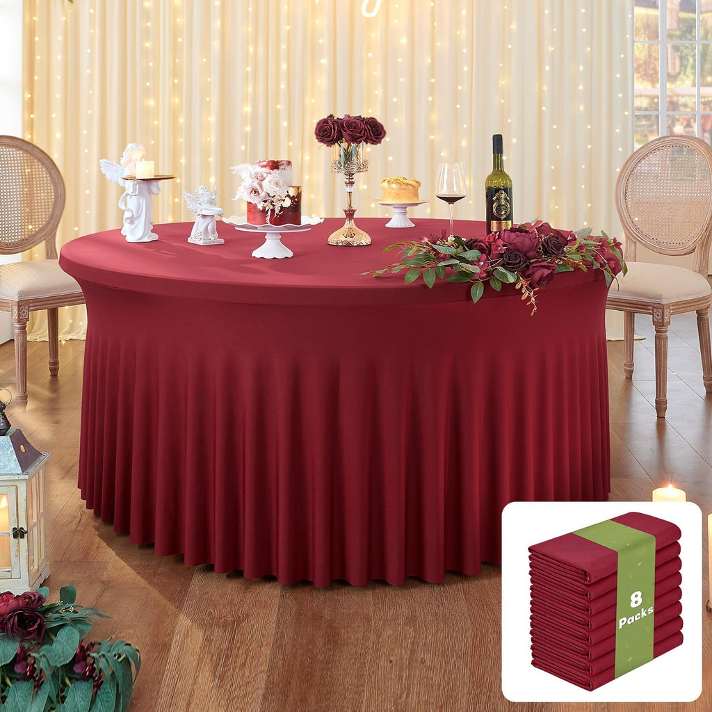 leegleri 8 Pack Burgundy 60inch Spandex Round Tablecloths, Stretchy 120inch Fitted 5FT Round Table Cloths, Wrinkle Free Table Cover with Skirt for Wedding Party Dining Banquet