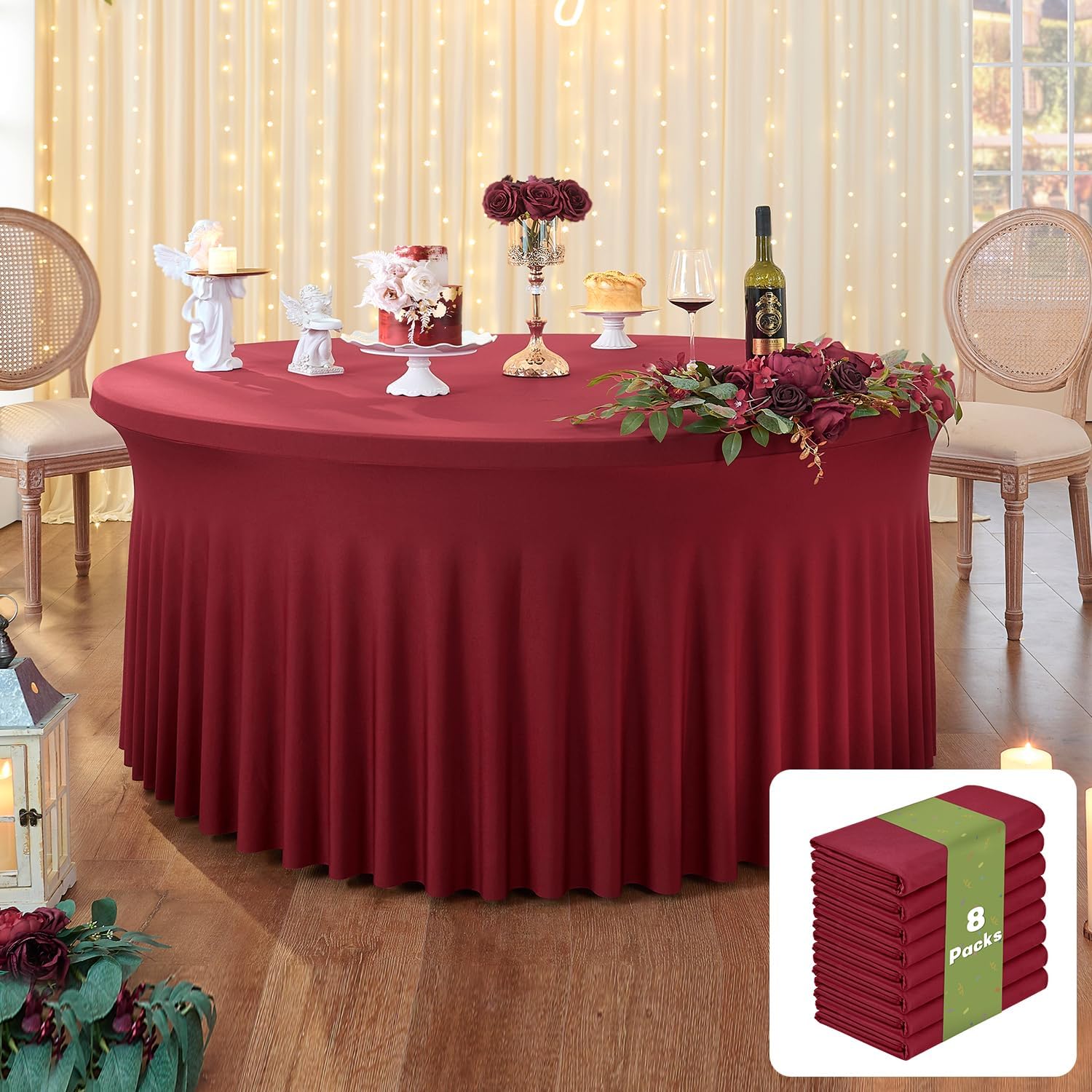 leegleri 8 Pack Burgundy 60inch Spandex Round Tablecloths, Stretchy 120inch Fitted 5FT Round Table Cloths, Wrinkle Free Table Cover with Skirt for Wedding Party Dining Banquet
