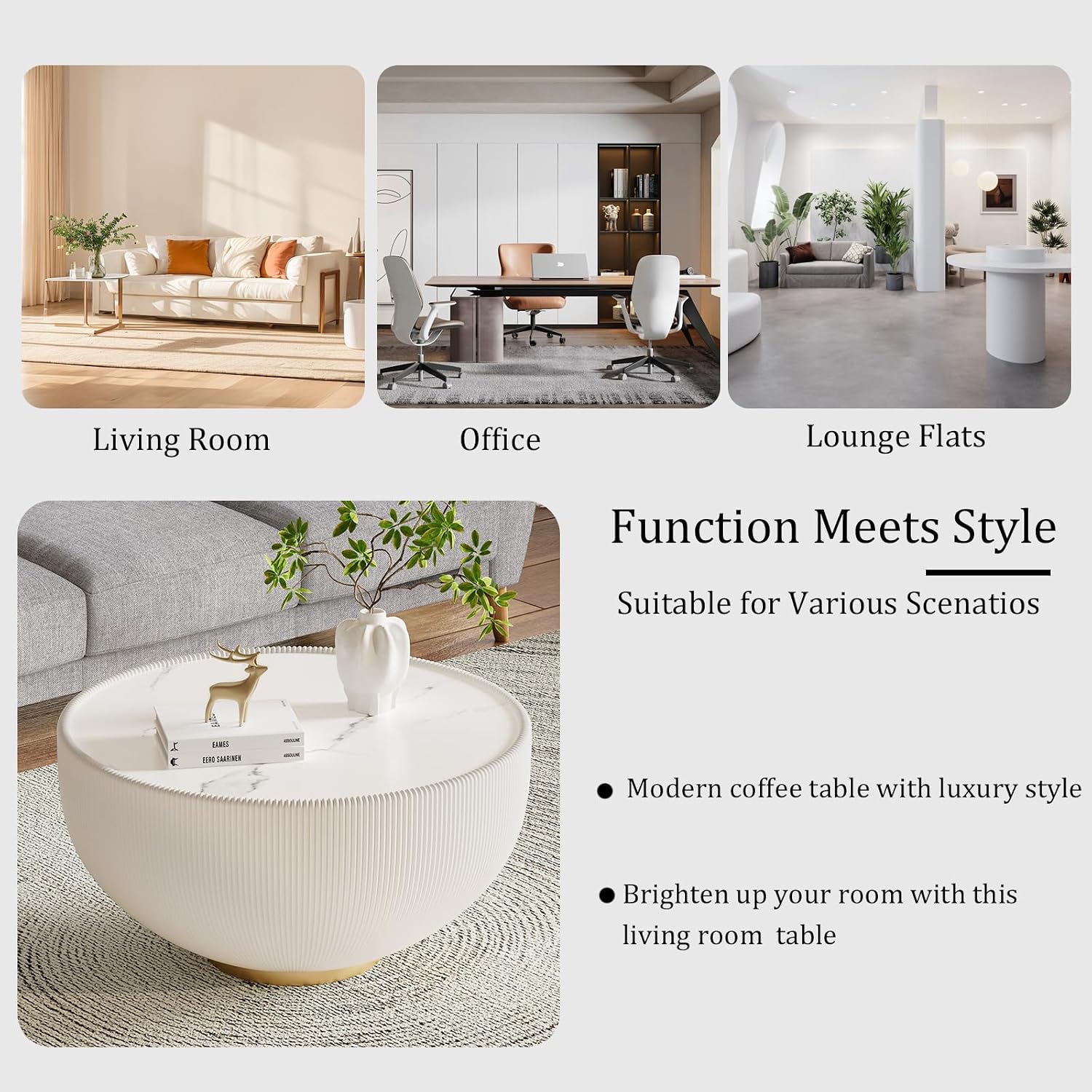 White Round Coffee Table with Sintered Stone Tabletop, 27.56' Drum Coffee Table with Fluted PU Leather Covered and Metal Base, Circle Cocktail Tea Table for Living Room