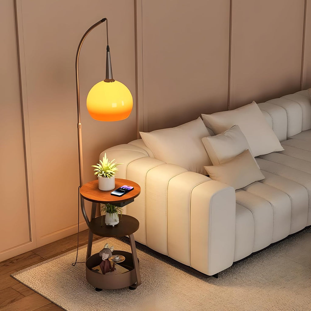 Bofea-Modern Orange Floor Lamp for Living Room,Mid Century Tall Lamps with Tea Table & Storage Bucket,Fishing Standing Lamp with Glass Lampshade,Mid Century Floor Lamp for Bedroom Corner.