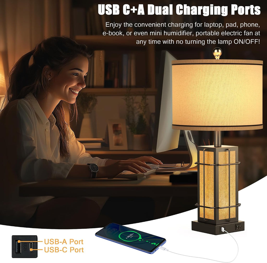 Black Table Lamps Set of 2, 24' Farmhouse Lamps for Living Room with USB C+A Ports, Industrial Retro Lamps for Bedroom, Nightstand Light Fixture, 2 Bulbs Included