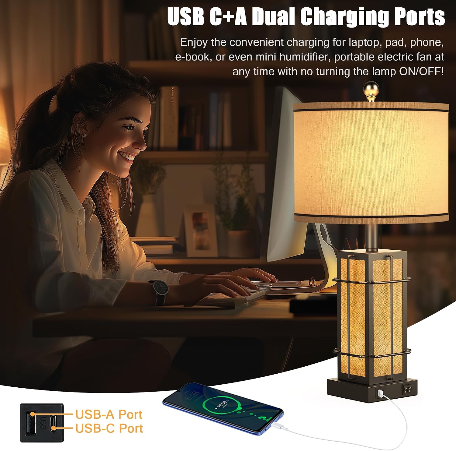 Black Table Lamps Set of 2, 24' Farmhouse Lamps for Living Room with USB C+A Ports, Industrial Retro Lamps for Bedroom, Nightstand Light Fixture, 2 Bulbs Included