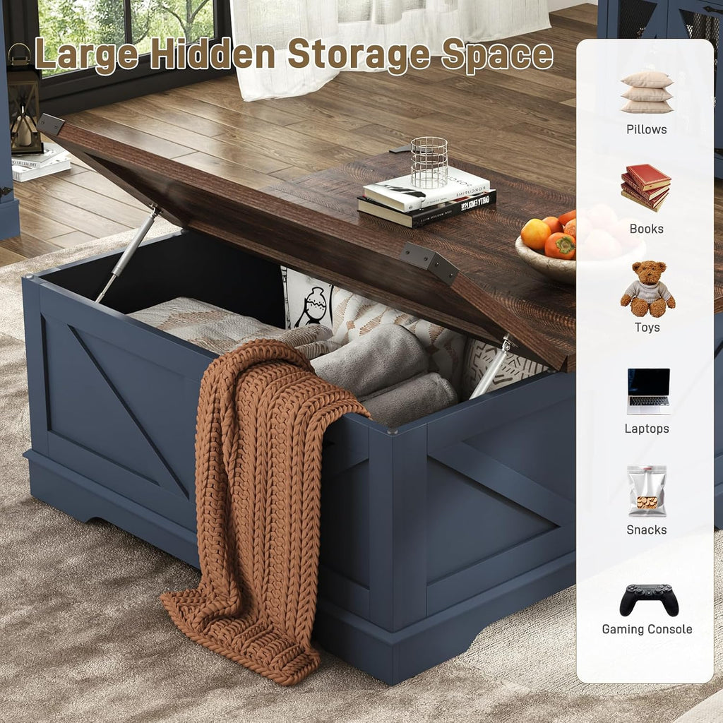 Hlivelood 40' Large Farmhouse Lift Top Coffee Table with Power Outlets and Large Hidden Storage, Square Wood Living Room Tables, Multi-Function Lift Wooden Barn Door Center Table, Blue