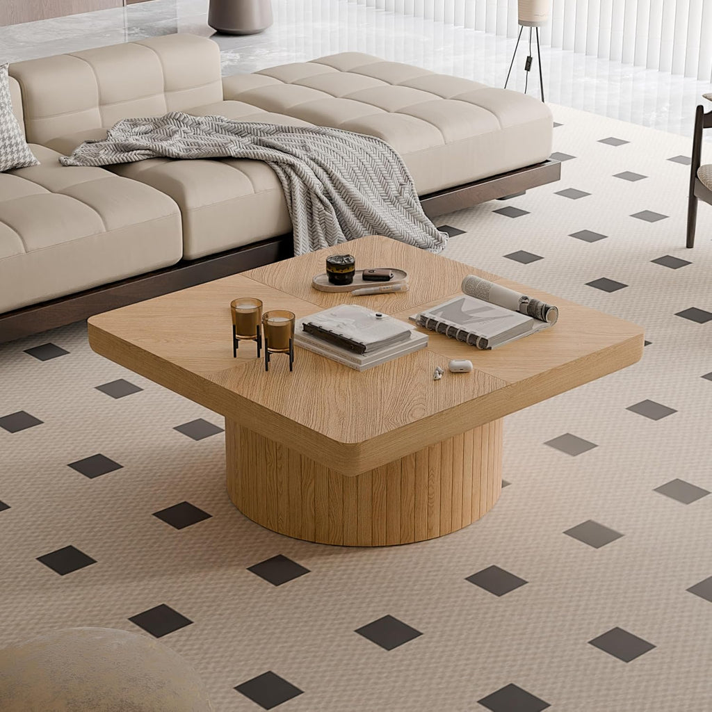 KEIKI 34.6' Square Coffee Table, Wood Table with Thick Parquet Veneer Top, Cylindrical Base Modern Coffee Table for Living Room, Office or Side Table, Natural Wood