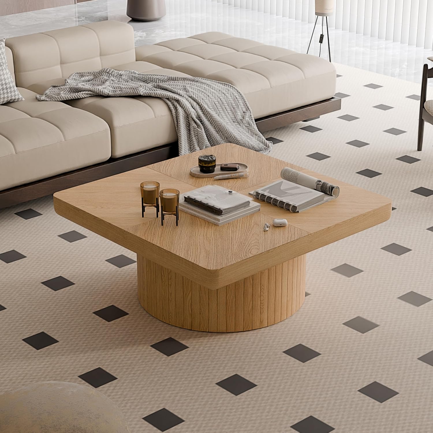 KEIKI 34.6' Square Coffee Table, Wood Table with Thick Parquet Veneer Top, Cylindrical Base Modern Coffee Table for Living Room, Office or Side Table, Natural Wood