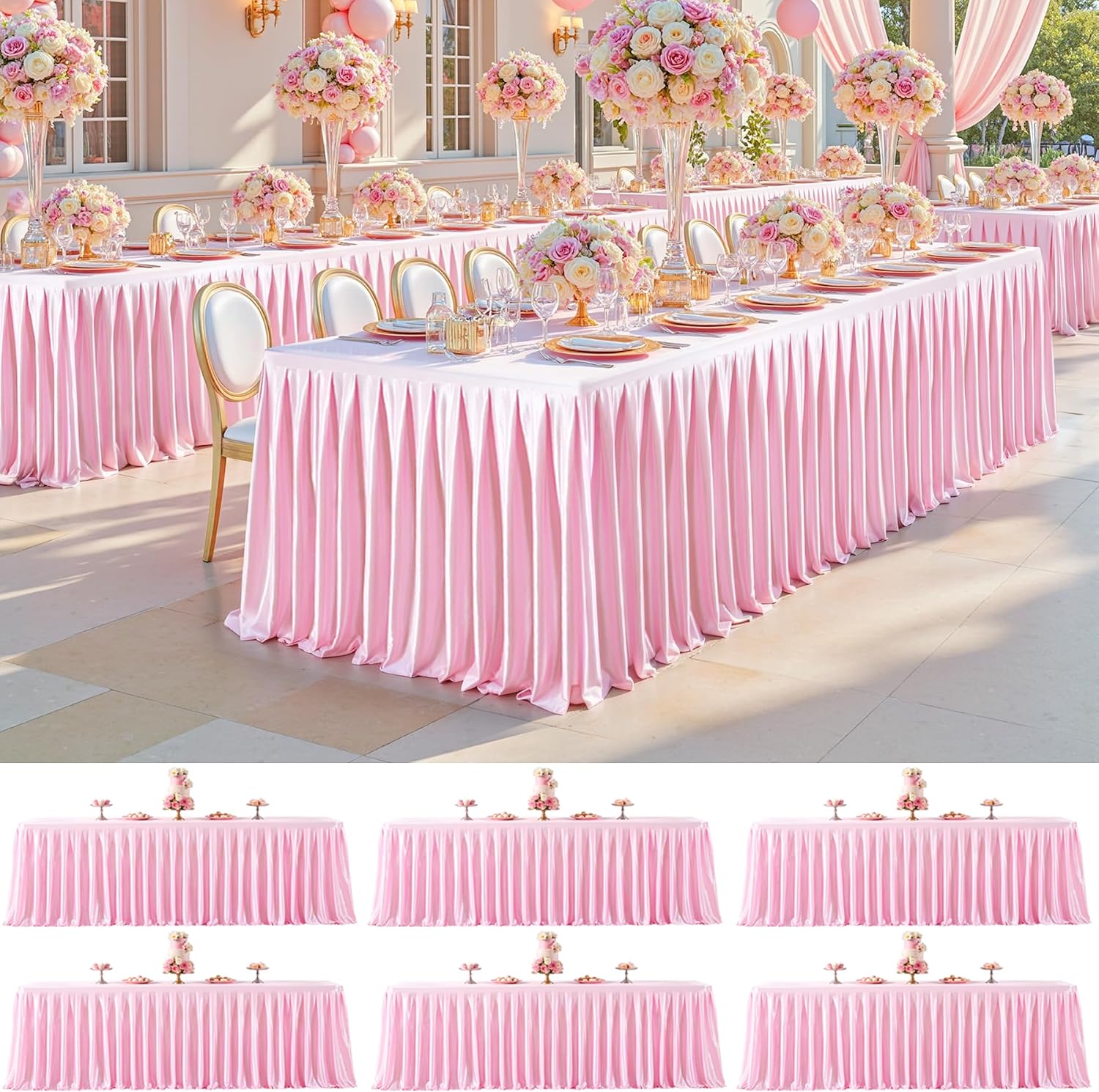 6 Pack 6FT Pink Satin Tablecloths for Rectangle Tables - Shiny Spandex Party Table Cover with Pleated Table Skirt, No-Wrinkle & Glossy Wedding Tablecloth One-Piece for Birthday Baby Shower Ceremony