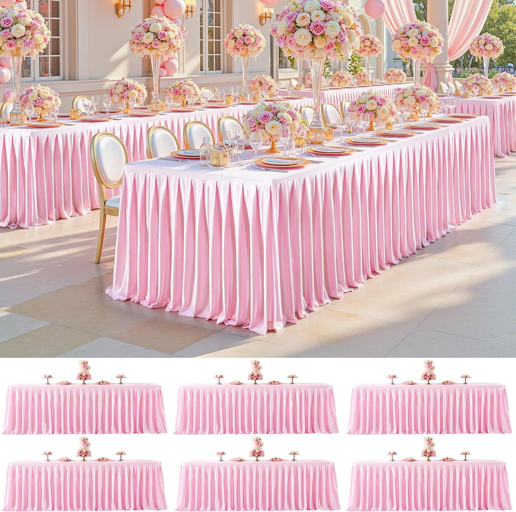 6 Pack 8FT Pink Satin Tablecloths for Rectangle Tables - Shiny Spandex Party Table Cover with Pleated Table Skirt, No-Wrinkle & Glossy Wedding Tablecloth One-Piece for Birthday Baby Shower Ceremony